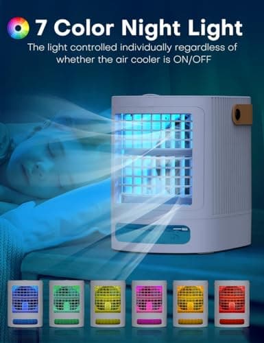 FANCOLE Portable Air Conditioners, 3-IN-1 Small Air Conditioner w/ 3-Level Humidify & 3 Speeds, 7-Color Night Lights, Top Fill Tank for 8H Cooling, Desk Mini Air Conditioner for Bedroom Room Office 5