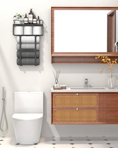 Wall Mounted Towel Rack for Bathroom - Bath Storage Holder Set Above Toilet, Rolled Towel Shelf Organizer, Wood Vertical Rack for Small Bathroom Decor, Black 7