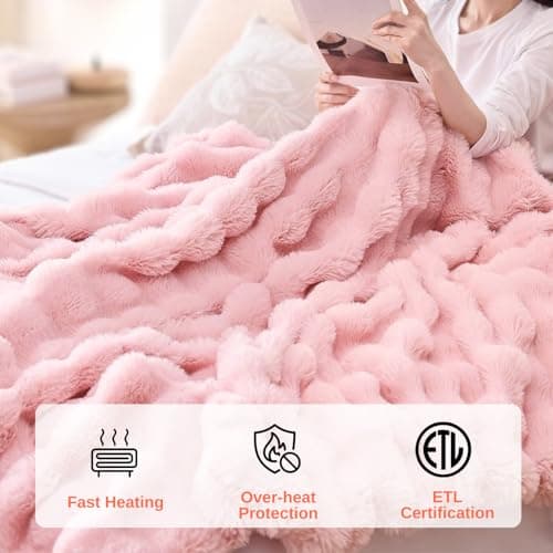 Electric Heated Blanket Throw 50"x60" Pink Ultra Soft Luxury Fluffy Faux Rabbit Fur Machine Washable 6 Heat Settings 4 Hours Auto Off Overheat Protection for Home Office Use 6