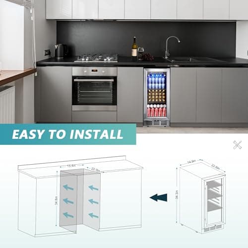 EUHOMY 15 Inch Beverage Refrigerator Cooler Under Counter 127 Cans Beverage Fridge Built-in or Freestanding with Glass Door, LED Light, Beer Fridge for Soda, Water, Wine - Home Kitchen Bar. 6