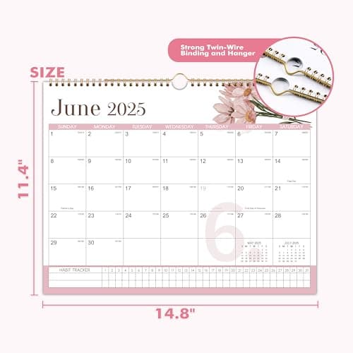 2025 Wall Calendar - 2025 Calendar, Jan.2025 - Dec.2025, 14.6" x 11.5", 12 Monthly Wall Calendar 2025 with To Do & Habit Tracking Pattern, Twin-wire Binding, Julian Date - Floral 5