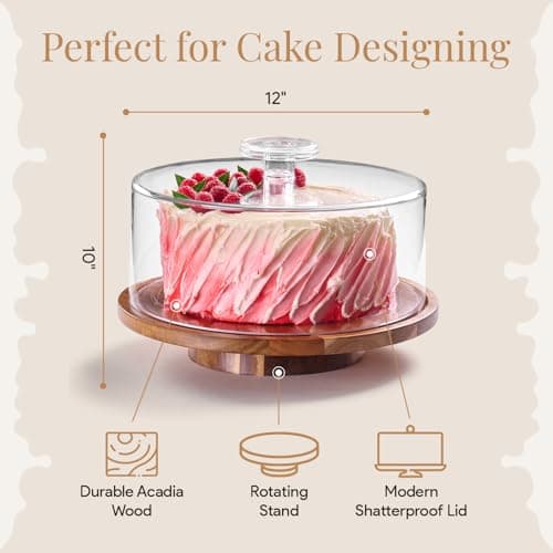 HOMESPHERE Rotating Cake Stand With Lid - 12 Inch Round Cake Holder with Cover, 4” Tall, Acacia Wood Spinning Cake Turntable for Decorating, Display and Serving Platter, Acrylic Cake Dome, No Glass 2