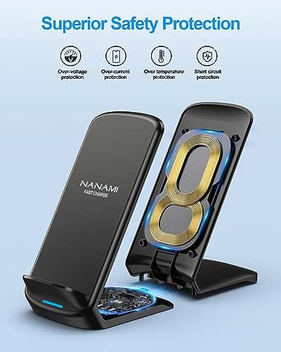 NANAMI Upgraded Fast Wireless Charger, Qi-Certified Wireless Charging Stand Compatible with Samsung Galaxy S25/S24/S23/S22/S21/S20 & Qi Phone Charger for iPhone 17/17 Air/16/16 Plus/16 Pro/15/14/13 5