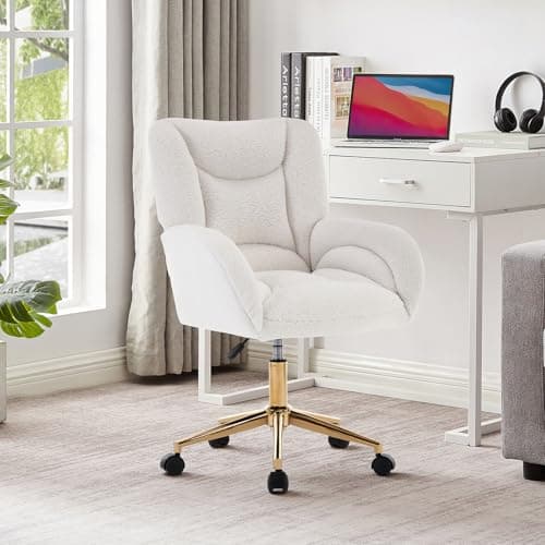 Hommoo Home Office Desk Chair Comfy Sherpa Height Adjustable Vanity Chair with Wheels and Arms Modern Rolling Desk Chair 360°Swivel Gold Frame for Women and Girls White