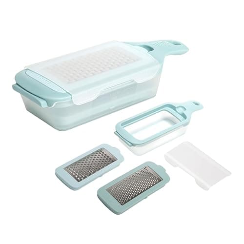 Tasty Interchangeable Grater with Storage Box, Includes Coarse & Fine Stainless Steel Blades, Non-Slip Base for Stability, Dishwasher Safe, Aqua