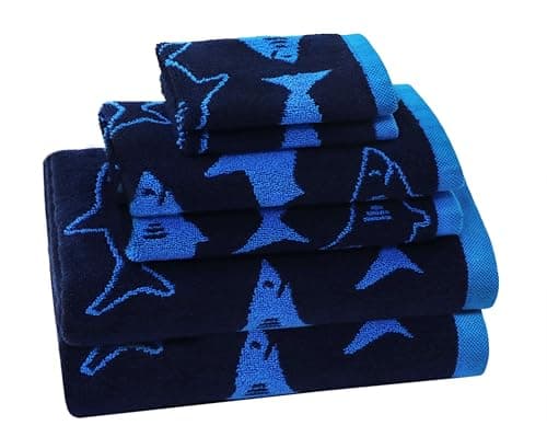 ORIGINAL KIDS 6 Piece Towel Set - Bath Time Shark Attack- 2 Bath Towels, 2 Hand Towels, 2 Washcloths - 100% Cotton Jacquard Soft Absorbent Quick Dry Pool Beach Towel Gift - Navy Blue