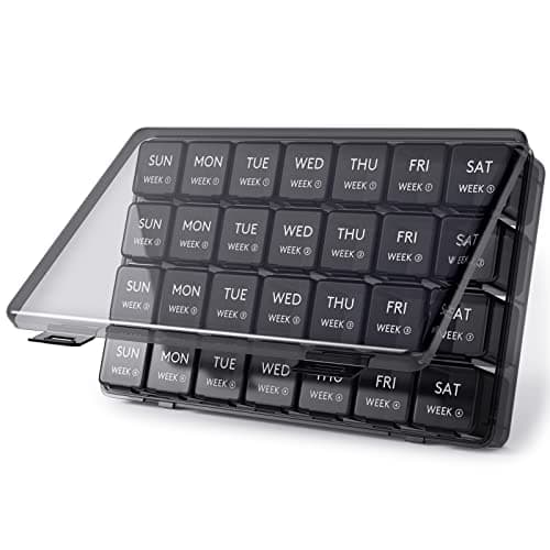 Lifewit Monthly Pill Organizer, 28 Day Pill Box, 4 Weeks One Month Vitamin Cases, Large Compartments Medicine Organizer for Fish Oils, Supplements, 28 Grids, Black