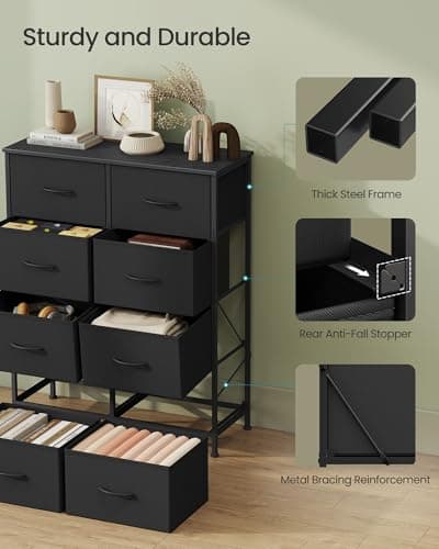 SONGMICS Dresser for Bedroom, Chest of Drawers, Steel, MDF, 8 Non-Woven Fabric Drawers, Storage Organizer Unit, Closet, Entryway, Ink Black and Ebony Black ULGS124B01S 6