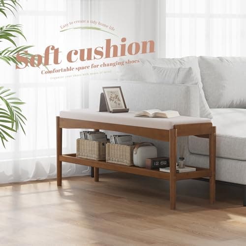 STDDRE Shoe Bench Entryway Bamboo 2-Tier Shoe Rack with Cushion Padded Seat Shoe Bench Organizer Stable for Entry, Hallway, Living Room, Bedroom, Closet (39.4 * 11.4 * 16.5IN, Brown-Beige) 4