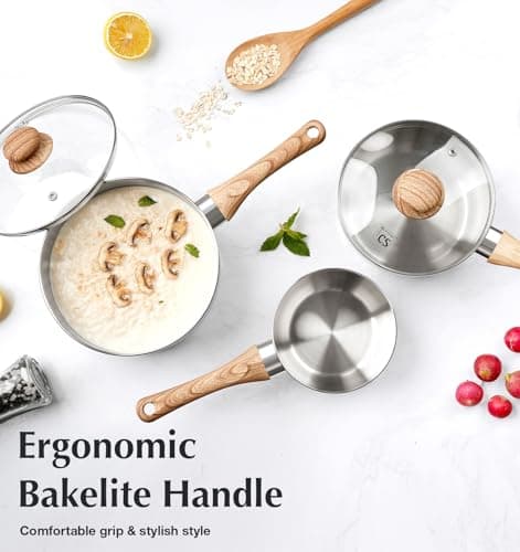 KOCH SYSTEME CS Stainless Steel Saucepan Set, 6 Piece Stainless Steel Pot 1QT & 2QT & 3QT with Heat-resistant Bakelite Handle, Tri-ply Base Pots, Sauce Pan Induction Ready, Pot Set 6PCS 5