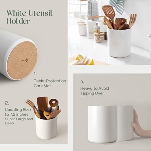 DOWAN Kitchen Utensil Holder, Large Utensil Holder for Countertop (H7.2” x W6.2”), Ceramic Cooking Utensil Holder for Kitchen Decor, Utensil Crock with Cork Mat, Handmade DIY Gifts, Cream White 5