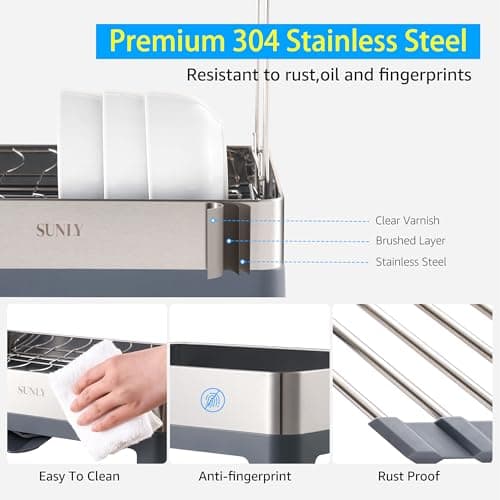 SUNLY Large Dish Drying Rack, Multipurpose 2 Tier Dish Racks for Kitchen Counter, 304 Stainless, Extra Large Drain Board, Gray 5