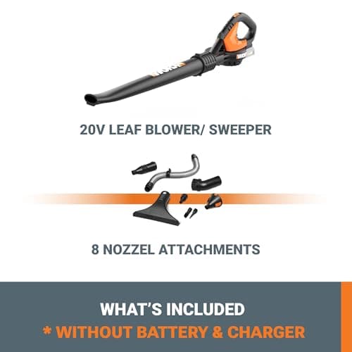 WORX Cordless Leaf Blower, Electric Blowers for Lawn Care with 120 MPH & 2.7 LBS, Long Nozzle Design for Narrow Spaces with Cleaning Attachments, Battery & Charger Not Included, WG545.9 6