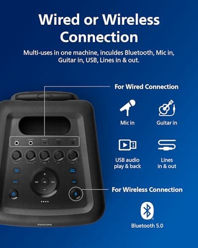 Philips X5206 bluetooth party speaker, portable with wheels, exciting light show, karaoke machine with microphone and Guitar Input, powerful bass & subwoofer, long playtime, perfect for outdoor events 7