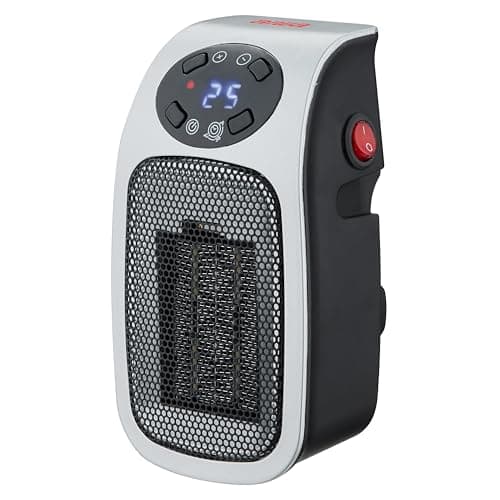 Aiwa Electric Outlet Ceramic Plug-In Space Heater with LCD Digital Screen, Adjustable Thermostat, 24 Hour Timer, Overheat Protection, up to 90°F, 400 W, 180° Degree Rotation, ETL Certified (1, Silver)