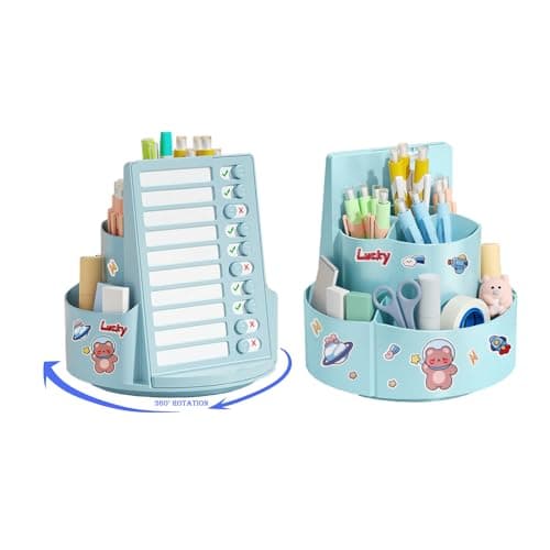 HAIYIGOGE 360 Degree Rotating Pen Holder for Desk Cute Pencil Holder Plastic Pen Organizer with Chore Chart for Desk, Office, School, Study, Stationery supply (BLUE)