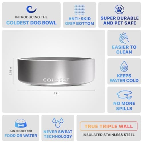Coldest Dog Bowl - Anti Rust Metal, Non Slip, 3 Layers Insulated Stainless Steel Dog Bowls - Spill Proof & Heavy Duty - Water Bowl for Dogs, Cats, Dish Washer Safe (42 oz, Polished Stainless Steel) 5