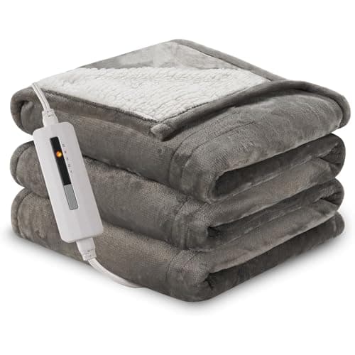 RALYSUN Electric Blanket Twin Size 62" x 84" Thickened Flannel and Sherpa Heated Blanket,10 Hours Timer Auto-Off,5 Heating Levels,for Bedroom Office Couch,Gray