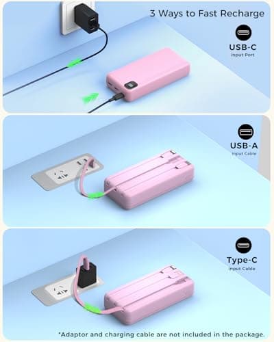 Nacete Portable Charger Power Bank 50000mAh Built-in Cables, PD 20W Fast Charging Large Capacity Battery Pack, 5 Output 2 Input LED Display Powerbank Compatible with Phone (Pink) 7