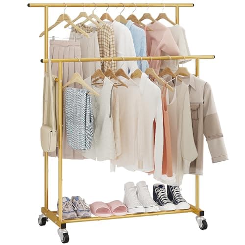 Calmootey Double Rod Clothing Garment Rack,Rolling Hanging Clothes Rack,Portable Clothes Organizer for Bedroom,Living Room,Clothing Store,Gold