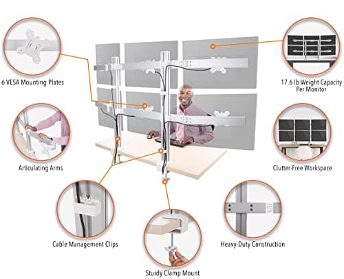 Stand Steady 6 Monitor Mount Desk Setup - Heavy-Duty Height Adjustable Monitor Stand, Swivel Arm with Clamp-On Base, 6 Screen VESA Mount Fits Most LCD/LED Monitors 17-32 in. (Silver, 6 Mounts) 7