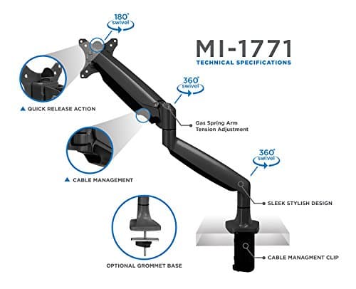 Mount-It! Single Monitor Arm Desk Mount with Gas Spring, Height Adjustable Monitor Stand for 13–32 Inch Screens up to 20 lbs, VESA 75x75 & 100x100, C-Clamp & Grommet, Sit-Stand Desk Compatible 6