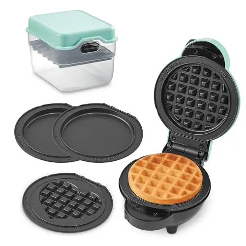 Dash MultiMaker® Mini Maker System with Removable Plates and Storage Case - Three-in-One Mini Griddle and Waffle Maker for Tiny Meals and Big Smiles - Aqua, 5 Plates