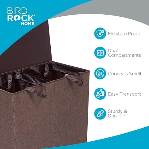 BIRDROCK HOME Laundry Hamper with Lid | Removable Bags for Sorting Clothes | Sectioned Laundry Basket for Bedroom & Bathroom | Collapsible Storage Bin with Cover | Double, Brown 3