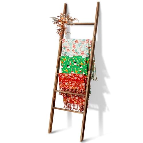 6-Tier Blanket Ladder Wooden, 5.7FT(66.5'') Blanket Quilt Towel Holder Rack Decorative Ladder, Easy Assembly, Rustic Farmhouse Ladder Shelf for The Living Room Bedroom Bathroom Home Decor, Brown 8