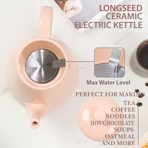 LONGSEED 1.2 Liters Ceramic Electric Kettle Pot, Boil Water Quickly and Easily with Boil-Dry Protection, Auto Shut Off, Detachable Swivel Base, Graceful Gooseneck Teapot 1000W, Pink 5