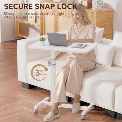 GTPLAYER Small Standing Desk, 24 Inches Mobile Foldable Rolling Laptop PC Table with Lockable Casters, Adjustable Height Overbed Bedside Table Computer Workstation for Home Office, White 5