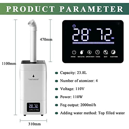 Ymjoinmx Industrial Commercial Humidifiers Whole House Humidifier 2000sq.ft Large Room Humidifier 1800ml/h 23.8L/6.2Gallons Auto-fill Water Tank 110V 7