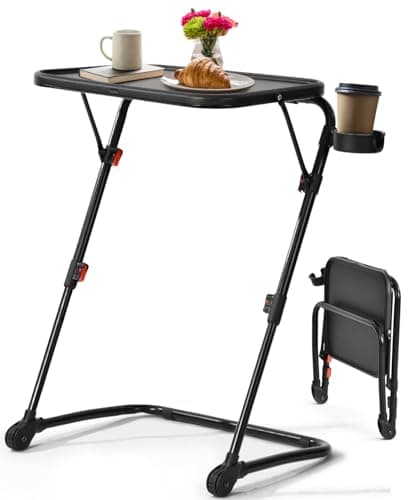 FurnitureR Adjustable Folding TV Tray Table, Portable Snack & Laptop Table with 4 Heights, 3 Tilt Angles and Cup Holder, Lightweight Bed & Sofa Table for Holiday Hosting and Gifting, Black