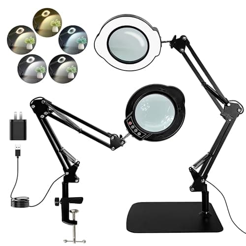 12X Magnifying Glass with Light and Stand,2-in-1 LED Desk Lamp & Clamp,5 Color Modes Brightness Stepless Dimmable,Magnifier with Light Hands Free,Reading,Hobby Close Work