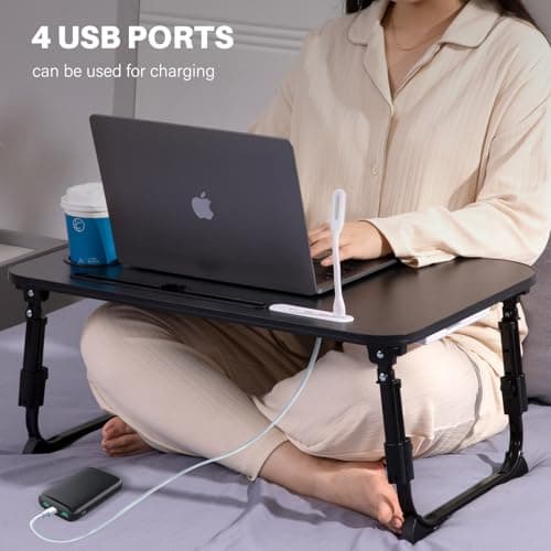 BYMECOST Laptop Desk for Bed, Height Adjustable Laptop Bed Table, Foldable Portable Lap Desk Stand with USB/Storage Drawer/Cup Holder/Slot, Breakfast Tray for Working Reading Writing Eating 7