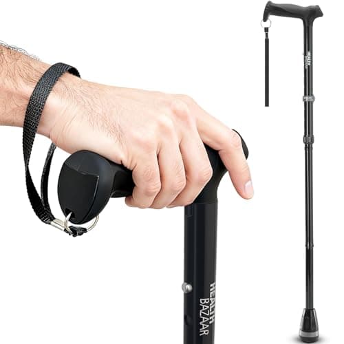 HEALTHBAZAAR All Terrain Walking Cane for Men & Women, Lightweight, Foldable, Adjustable, Shock Absorption, Collapsible Walking Stick for Seniors & Adults | HealthBazaar (Black)
