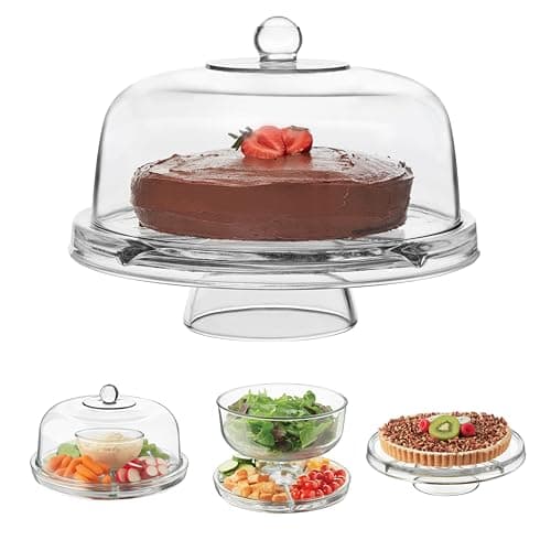 Libbey Selene 6-in-1 Domed Cake Stand, Unique Space Saving Glass Cake Stand with Dome, Multi-Purpose Dip Bowl To Serve Snacks and More