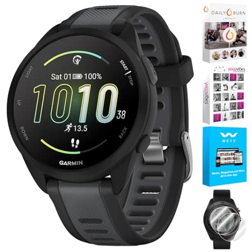 Garmin 010-02863-20 Forerunner 165 Smart Sport Watch, Black + Slate Gray | Official USA Partner Model | Bundle with Deco Essentials 2-Pack Screen Protector and Tech Smart USA Fitness & Wellness Suite