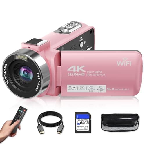 Video Camera, 4K Camcorder 56MP Digital Video Recorder 18X Zoom 3" 270° Rotation Touchscreen IR Night Vision, Wifi Vlogging Camera for YouTube 64GB Card Anti-Shake Remote Control Camera Bag Lens Cap