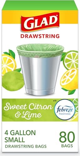 Glad Small Trash Bags 4 Gallon, Febreze Sweet Citron & Lime Garbage Bags, Odor Resistant with Drawstring, 80 Count
