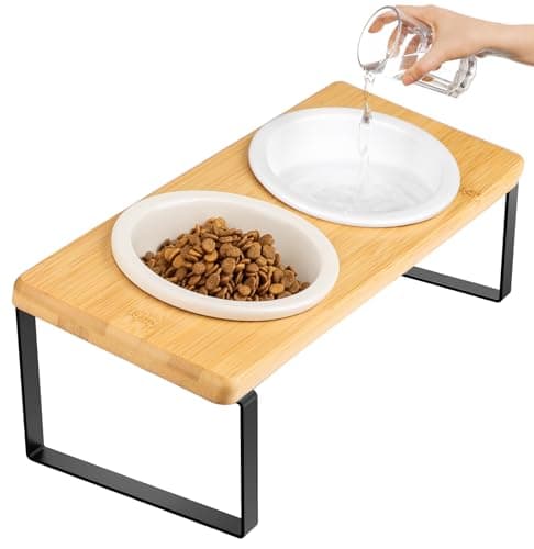 SUNQEBO Elevated Cat Bowls, 15° Raised Cat Bowls for Indoor Cats Food and Water, Slanted Tilted Ceramic Puppy Dishes with Stand Anti Vomiting Feeding Station Whisker Friendly(1 Set 2 Bowls Log Color)