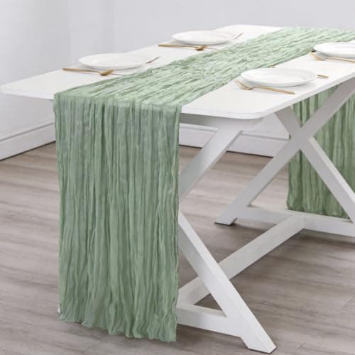QPOR Green Cheesecloth Table Runner Boho Rustic Gauze Dusty Green Farmhouse 120 inch 10FT Cheese Cloth Runner for Wedding Party Baby Shower Birthday Holiday Home Decor
