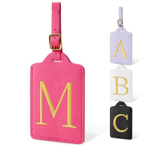 Personalized Initial Luggage Tags for Suitcases, Cute PU Leather Embroidered Letter Travel Luggage Tags, Suitcase Identifier Name Baggage Tag, Bag Tags for Men Women Kids Luggage Handbags(Rosered M)