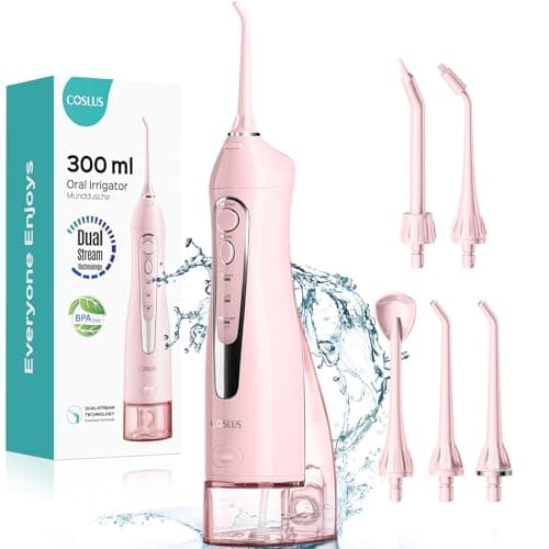 COSLUS Water Dental Flosser Teeth Pick C20(F5020E): Portable Cordless Oral Irrigator 300ML Rechargeable Travel Irrigation Cleaner IPX7 Waterproof Electric Flossing Machine for Teeth Cleaning, Pink
