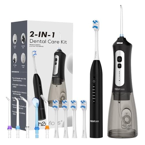H2ofloss Sonic Electric Toothbrush and Water Flosser Combo, Rechargeable 2000mAh Toothbrush and 2500mAh Oral Irrigator with 300ml Tank, 4 Brush Heads, 5 Nozzles, 2 in 1 for Home and Travel (Black)