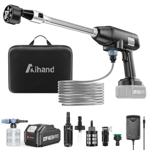 Aihand Cordless Pressure Washer, 986PSI Portable Power Cleaner with 4.0 Ah Battery, 6-IN-1/0-180° Nozzles, 3 Faucet Adapters, Handheld High-Pressure Car Washer for Fences/Patios, Charger Included
