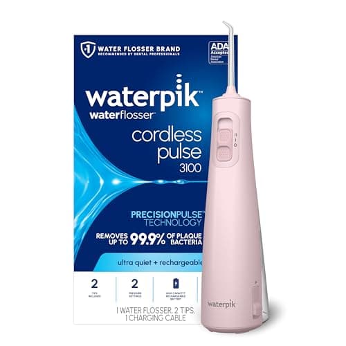 Waterpik Cordless Pulse 3100 Rechargeable Portable Water Flosser for Teeth, Gums, Braces Care and Travel with 2 Flossing Tips, Waterproof for Shower Use, ADA Accepted, WF-20 Pink, Amazon Exclusive