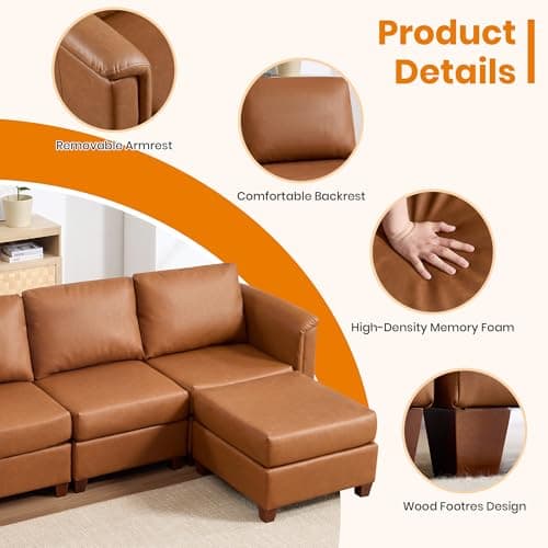 VIKAYAMICS 115" Modular Sectional Sofa with Storage, Faux Leather Sectional Couch Comfy Cloud Couches with Movable Ottoman for Living Room Bedroom Apartment (Brown, Sofa-9 Seat) 6