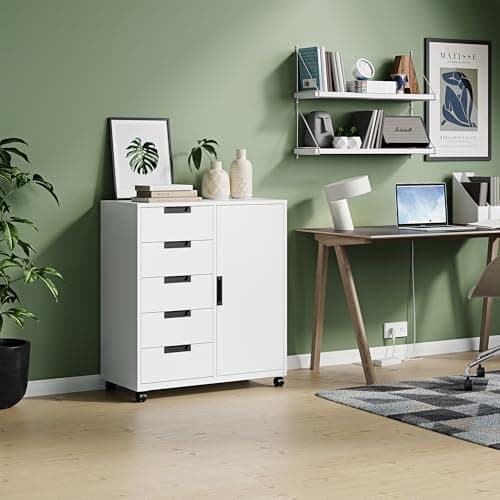 Letaya 5 Drawer Storage Cabinet, Mobile Printer Stand for Home Office,Dresser Chest with Shelves and Door(White) 8