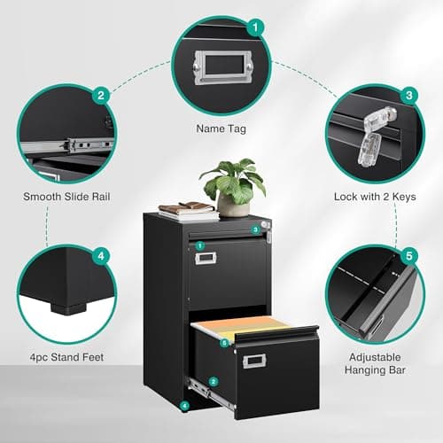 SISESOL 2 Drawer File Cabinet with Lock and Tag,Narrow Two Drawer Filing Cabinet,Vertical Metal File Cabinets,Small Filing Cabinets for Home Office Fit Letter/A4/Legal Size File,Easy Assembly 6